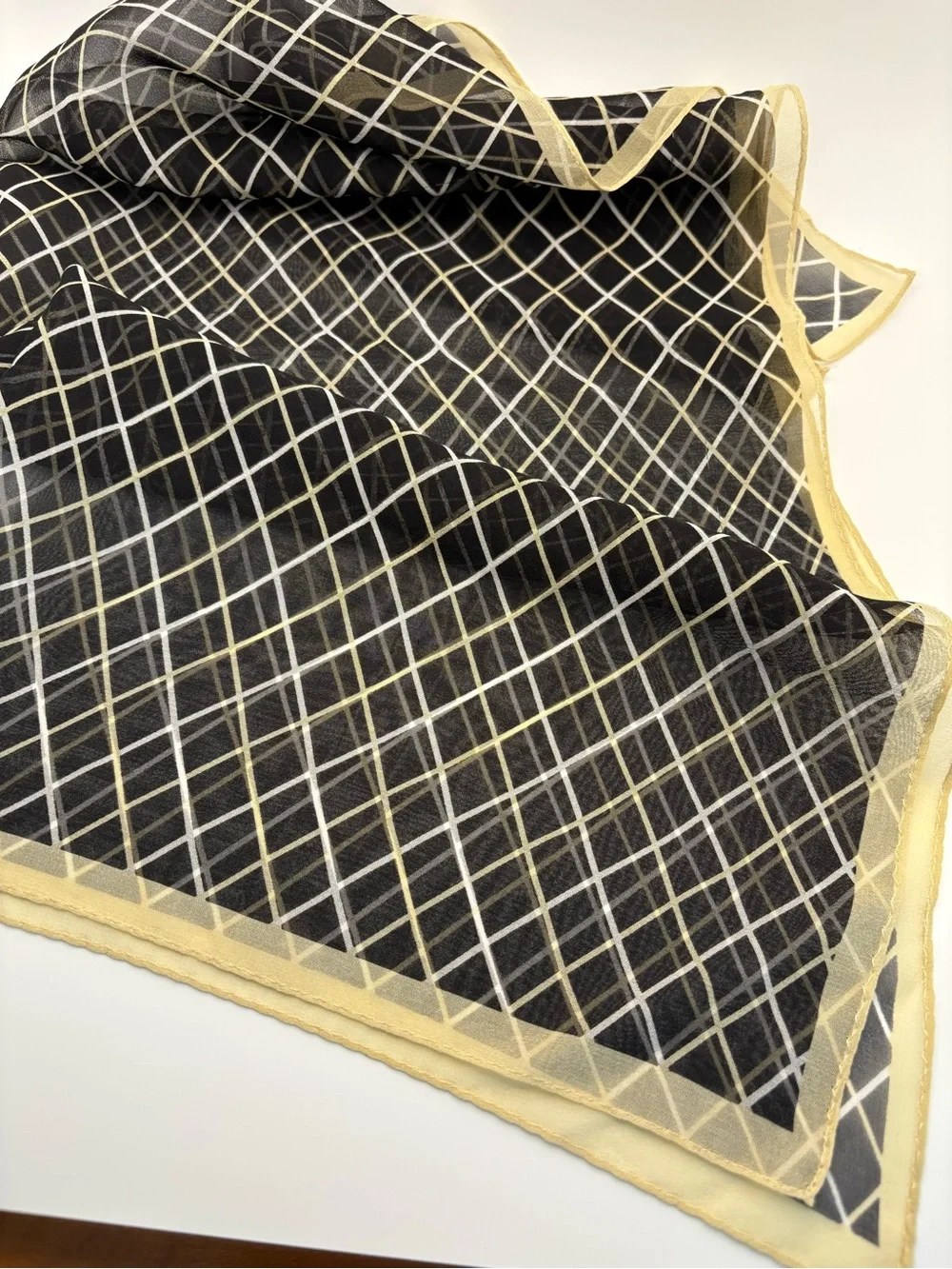 Talbots 100% Silk Scarf Black White Yellow Grid Plaid  Vintage 21